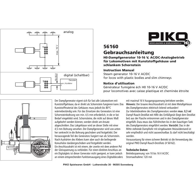 PIKO 56160 GENERATOR DYMU 10 - 16 V (    Analog )