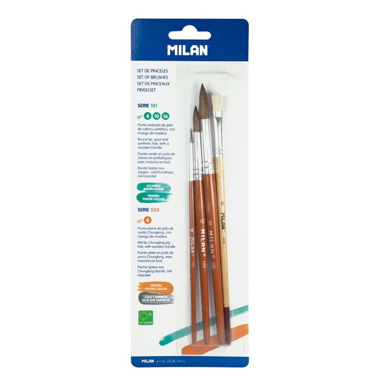 MILAN BLISTER PACK brush set 101 SERIES NO. 4 / 10 + 16 + 1 flat brush 524 SERIES No.8 (10462)