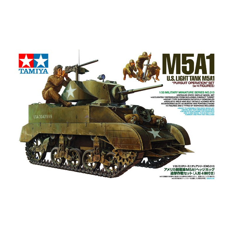 TAMIYA 1/35 U.S. LIGHT TANK M5A1 "PURSUIT OPERATION" SET se 4 figurkami 35313