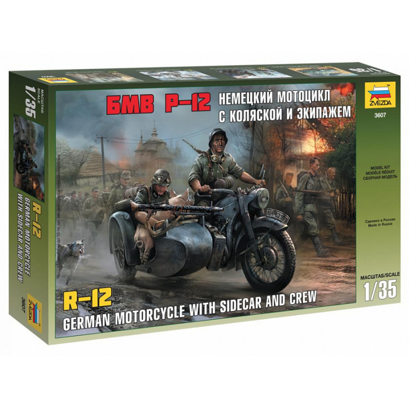 ZVEZDA 1/35 GERMAN MOTORCICLE R-12 WITH  SIDECAR AND CREW (3607)